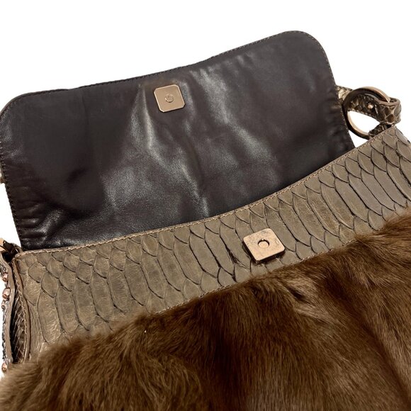 FENDI Vintage Logo Chef Mink Faux Fur Shoulder Bag Handbag Python Brown [106352] - Picture 9 of 12